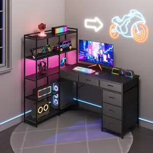 L Shaped Desk with Storage Shelves, 6 Fabric Drawers, Computer Desk, Corner Gaming Desk with Open Shelves, Home Office PC Table with Power Outlets & LED Lights