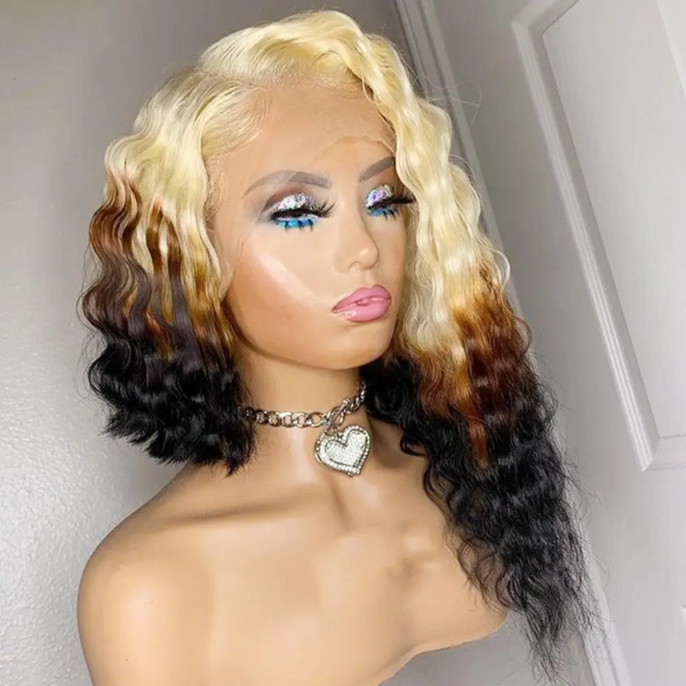Deep Wave Blonde Ombre Color Human Hair Wig Align Virgin Pre Plucked Lace Wig  Brazilian  Lace Front Wig