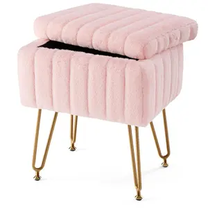 Vanity Stool Chair with Storage, Ottoman Faux Fur Soft Padded Makeup Footstools Seat with 4 Metal Legs Anti-Slip Adjustable Feet