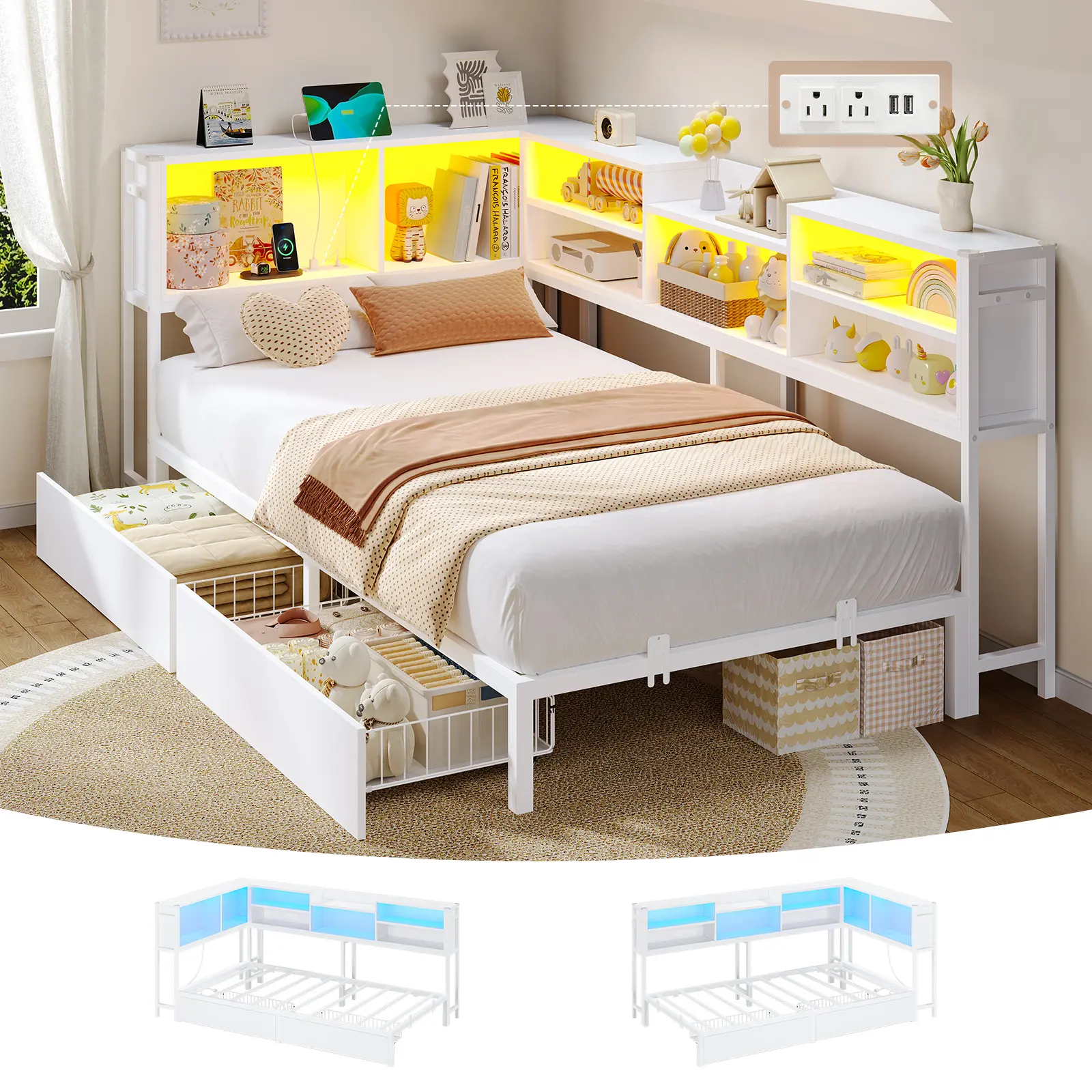 Hasuit Corner Bed Frame  with 2 Drawers and Storage Bookcase, Daybed with Charging Station and LED Lights, Metal Platform Bed with Bookshleves, Bed Frame for Kids Teens Guests,