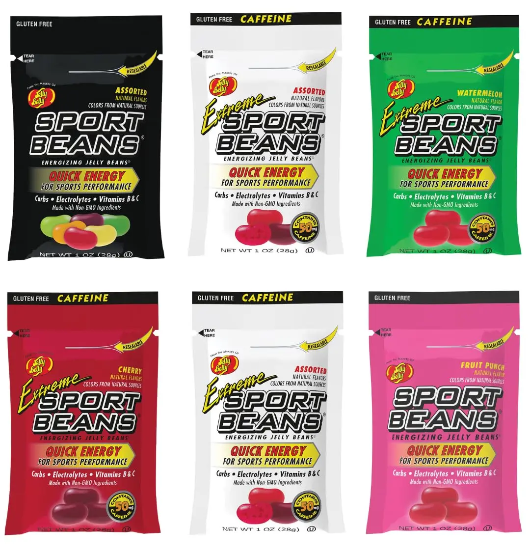 Jelly Belly Sport Jellybean Variety Pack - 6x1oz Bags with Carbs, Electrolytes & Vitamins - Assorted & Extreme Flavors (Fruit Punch, Watermelon) - Sweet Sport Snack for Workouts, Racing