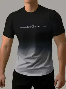 Men's Letter & Ombre Print Round Neck Stretch Tee, Casual Short Sleeve T-shirt for Summer, Fashion Men's Top for Daily Wear, Menswear