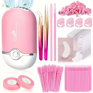 Complete Eyelash Extension Supplies Kit for Beginners - Includes Pink Lash Fan, Tweezers, Mascara Brush, Micro Applicator, Ring Cup Holder, Adhesive Tape, and Eye Gel Pad - USB Rechargeable, Best for Christmas