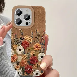Oil Painting Flowers Pattern Luxury Matte Lambskin Faux Leather Phone Case for IPhone 16 15 14 Pro Max 13 12 11 XR XS Plus Shockproof Full Camera Protection Durable Slim Silicone Cover