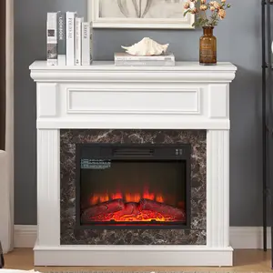 41" Electric Fireplace with Mantel, TV Stand w/Freestanding Electric Fireplace Heater, Fireplace Mantel Wooden Surround for Living Room (White)
