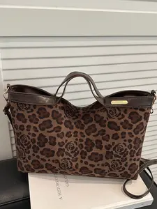 Women's Vintage Tote Bag, PU Patchwork Handle Design, Trendy Leopard Pattern, Leopard Print Tote, Ideal for Work Travel Casual Shopping, Durable Fashion Accessory, Fashionable Unique Bags, Stylish Versatile Bag