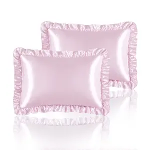 Pink Silk Pillowcases Standard Set of 2 with Envelope Closure for Hair and Skin, Ruffled Pillow Cases for Princess(No inserts, just pillowcases) Room Decoration