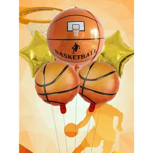 5-Piece Basketball-Themed Aluminum Foil Balloon Set – 4D Dimensional Basketball Helium Balloons, including one 22-inch printed basketball balloon, two 18-inch basketball balloons, and two 18-inch star balloons; ideal for basketball court