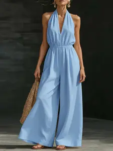 Women's V-Neck Halter Backless Sleeveless Top, Casual One-Piece Design, Chic Fashionable Commute Style, French-Inspired Elegance, Jumpsuit