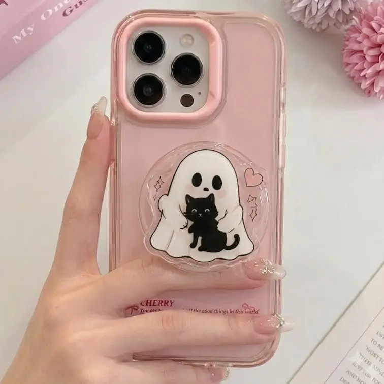 Cute Ghost and Black Cat Phone Grip | Spooky Season Phone Holder | Halloween Aesthetic | Gift for Cat Lovers