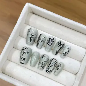 Y1 Chinese-style Black Bamboo Pure Handcrafted Detachable Nail Tips - Versatile Whitening, Easy to Remove, French Tip Design party press