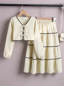 Toddler Girl's Bow Embroidery Long Sleeve Sweater & Elastic Waist Skirt Two-Piece Set, Skirts Sets, Casual Fashion Cozy Two Piece Outfits for Daily Outdoor Wear, Toddler Girls Clothing for Spring Fall, Matching Set
