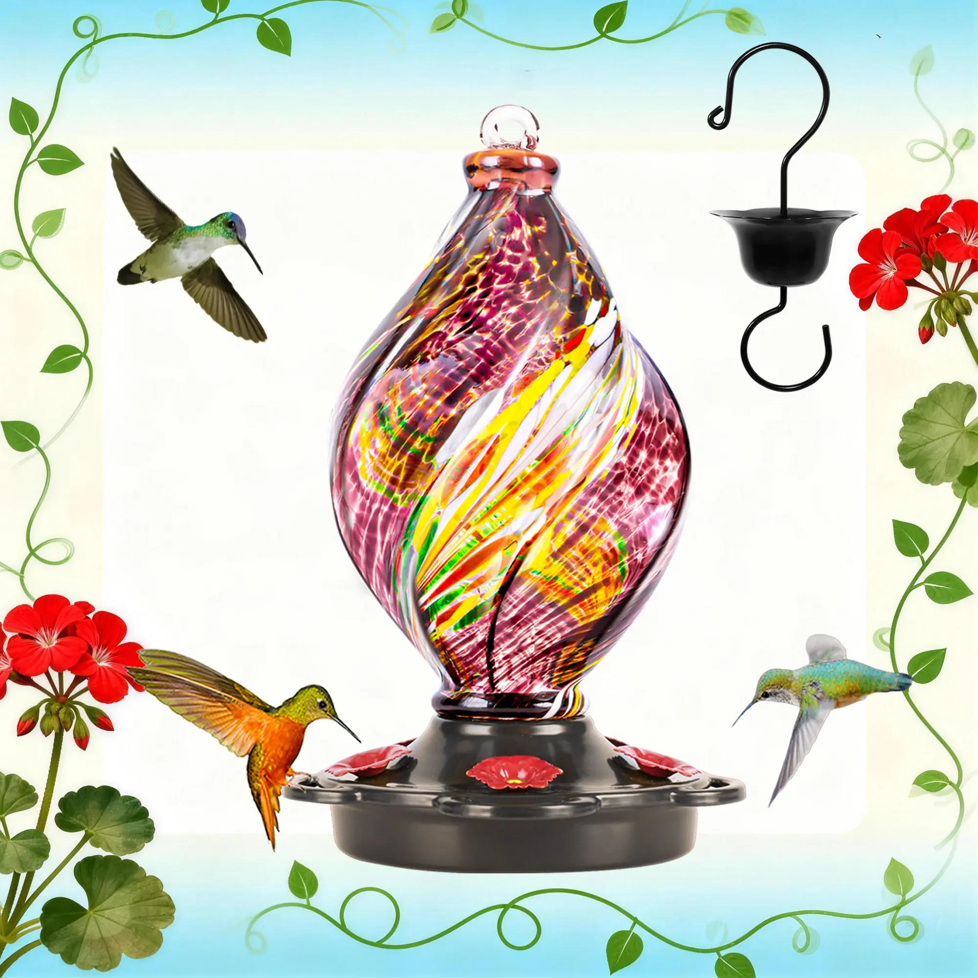 LUJII Ice Cream-Shaped Spiral Hand-Blown Glass Hummingbird Feeder - 28 oz Leak-Proof, Rustproof Bird Supply with Ant Moat, Hanging Hook, Phoenix Tail Glass Art, 2-Part Base, Easy Clean, Purple Outdoor Garden Decor Gift for Bird Lovers, Hummingbird Feeders