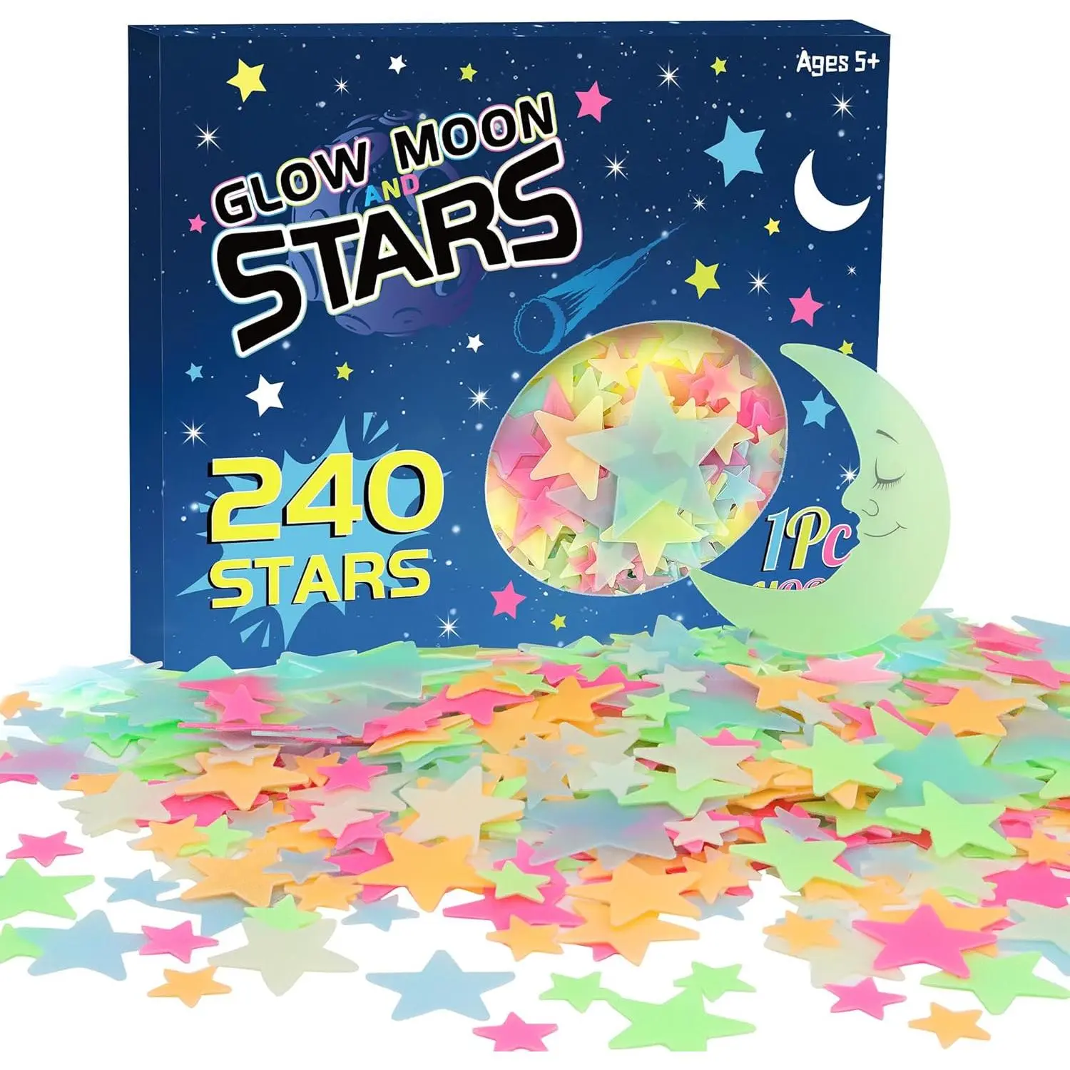 241-Count Smooth Lightweight Multicolor Galaxy Glow-in-the-Dark Star Sticker Set, Peel-and-Stick Wall Decor for Bedroom Ceiling, Teen Room Wedding & Easter Decor
