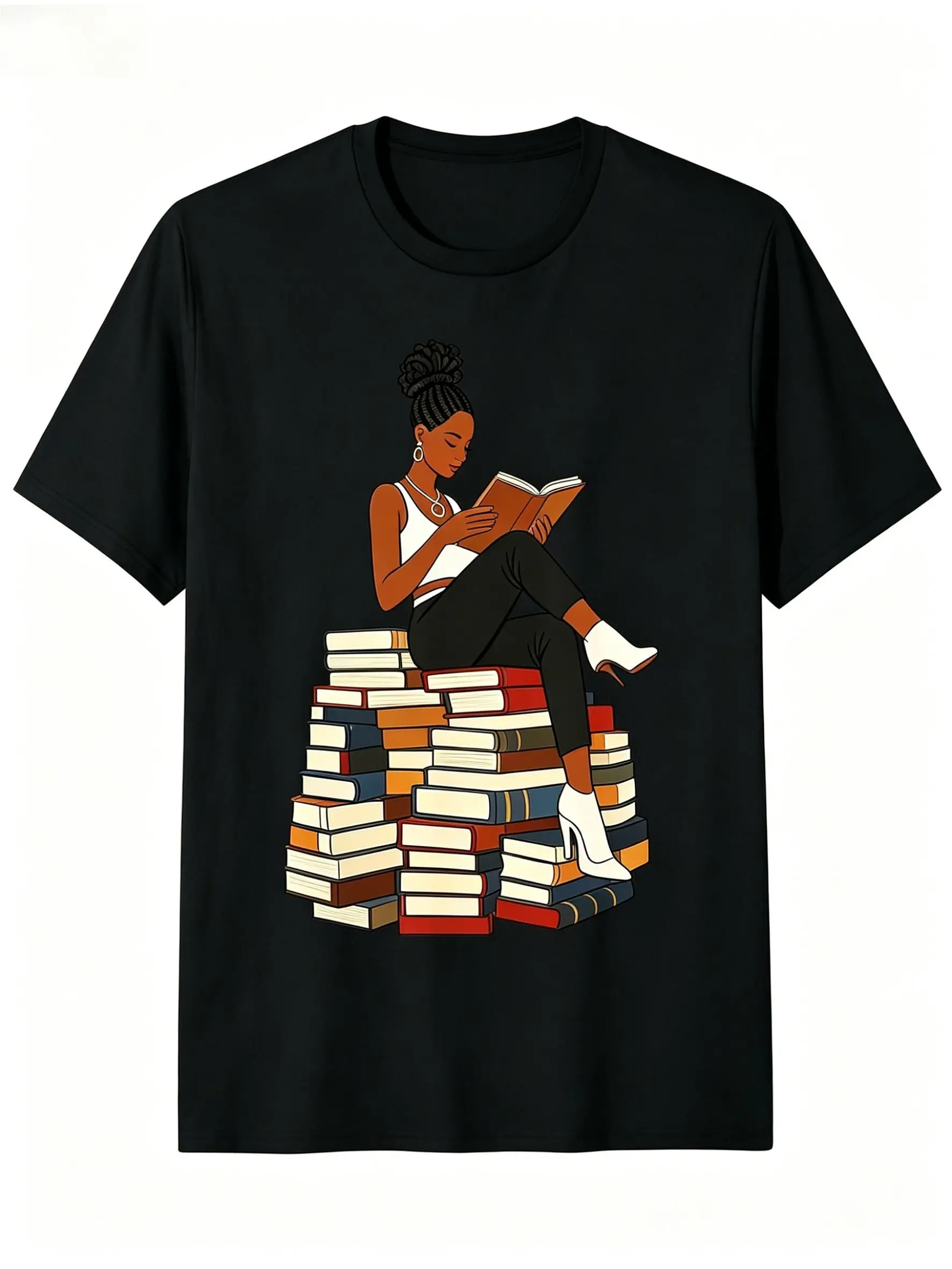 Melanin Black Woman Sitting On Stacked Books Reading T-Shirt for Men & Women - Book Lover Bibliophile Graphic, Soft Breathable Cotton Crew Neck Short Sleeve, All-Season Summer Spring Casual, Great for Daily Wear & Reading Style, Machine Washable
