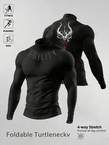 Men's Breathable Fitted Long Sleeve Compression Sports T-Shirt with High Neck Design, Fitness Long Sleeve T-Shirt, Breathable Athleisure, Athletic Fashion Activewear, Training Shirt, Athletic Tops