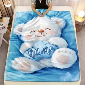 Personalized White Teddy Bear & Blue Cloud Print Throw Blanket, Custom Name Baby Boy Themed Cozy Blanket, Soft Fluffy Lightweight Blanket for All Seasons, Anti-Pilling Washable Decorative Blanket