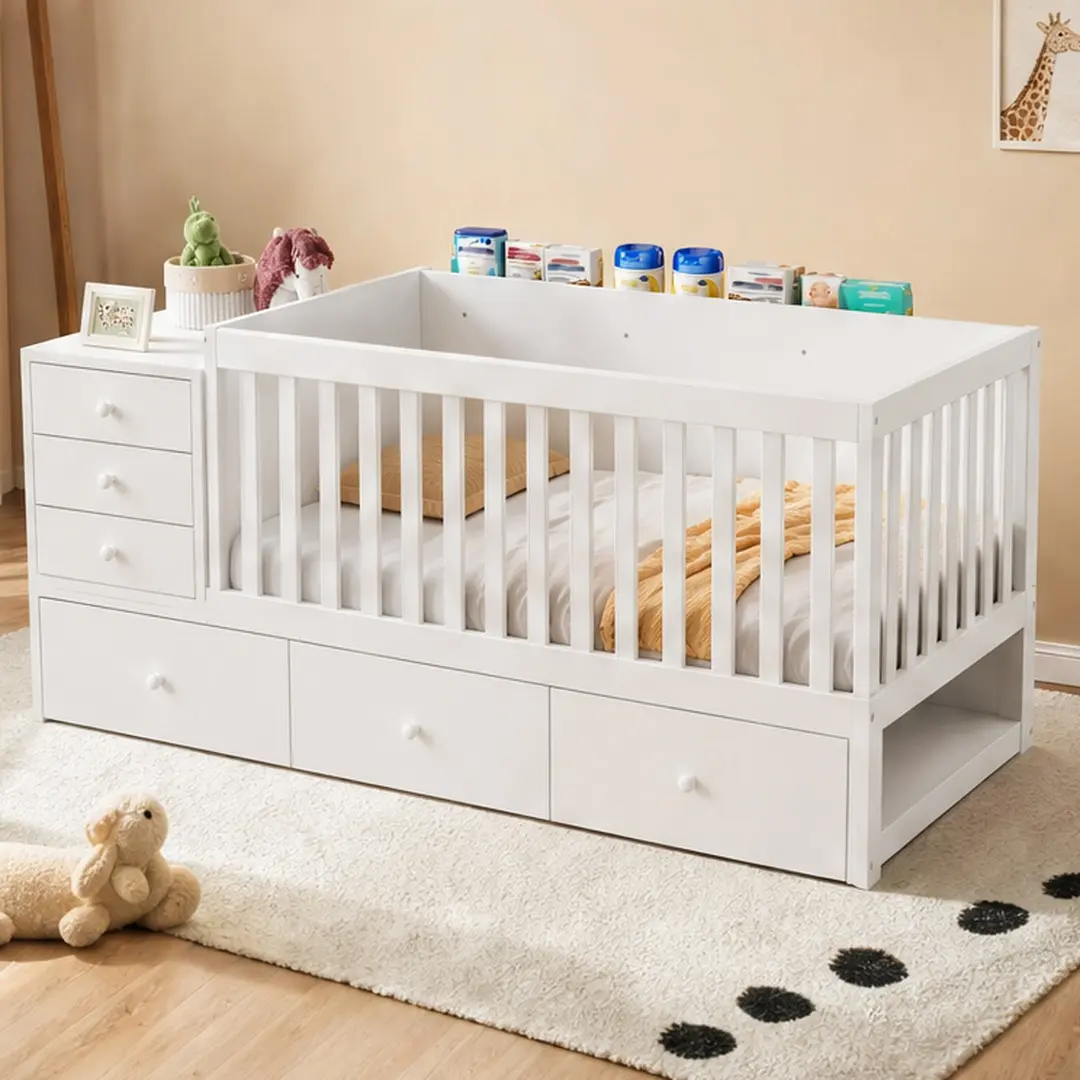 ARCH 3-in-1 Convertible Crib - Unisex Solid Wood Safe Sleep Bed Frame, Low Profile Toddler Daybed with Storage Drawers, Removable Guardrails, 400 lbs Capacity, Easy Assembly, Safe Finish, White, Fits Standard US Toddler Mattresses (0-3 Months,13+ Years)