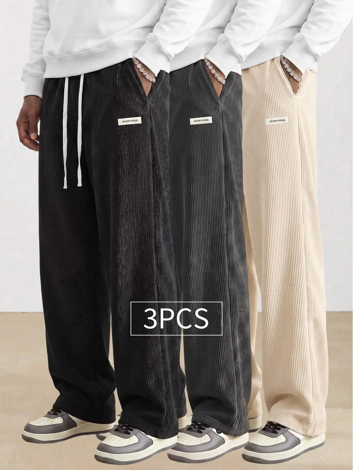 3-pack American vintage corduroy straight-leg men’s pants—trendy, versatile brown casual long pants with a drawstring waist and loose fit; minimalist, stylish men’s bottoms suitable for everyday wear and sports.