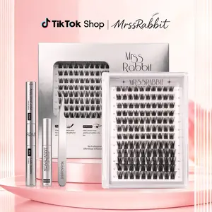 Sweet Bunny Flirt eyelash and full lash set, mixed lengths 9–16 mm, no salon application skills needed; fluffy D curl dynamic individual cluster false lashes. Effortlessly create a makeup look at home—the kit includes adhesive, lash remover, and tweezers.