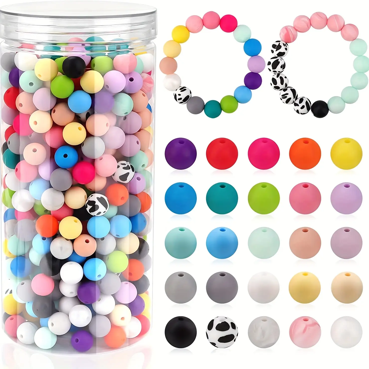 500-Piece Vibrant Silicone Beads Set - Round with Straight Holes, Multi-Color Assortment for DIY Jewelry Making, Ideal Christmas Gifts for Beads Lovers & Classmates