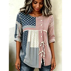Women's American Flag Patriotic Floral Patchwork Blouse Half Sleeve Button Lace Up Shirt Casual Loose Tops