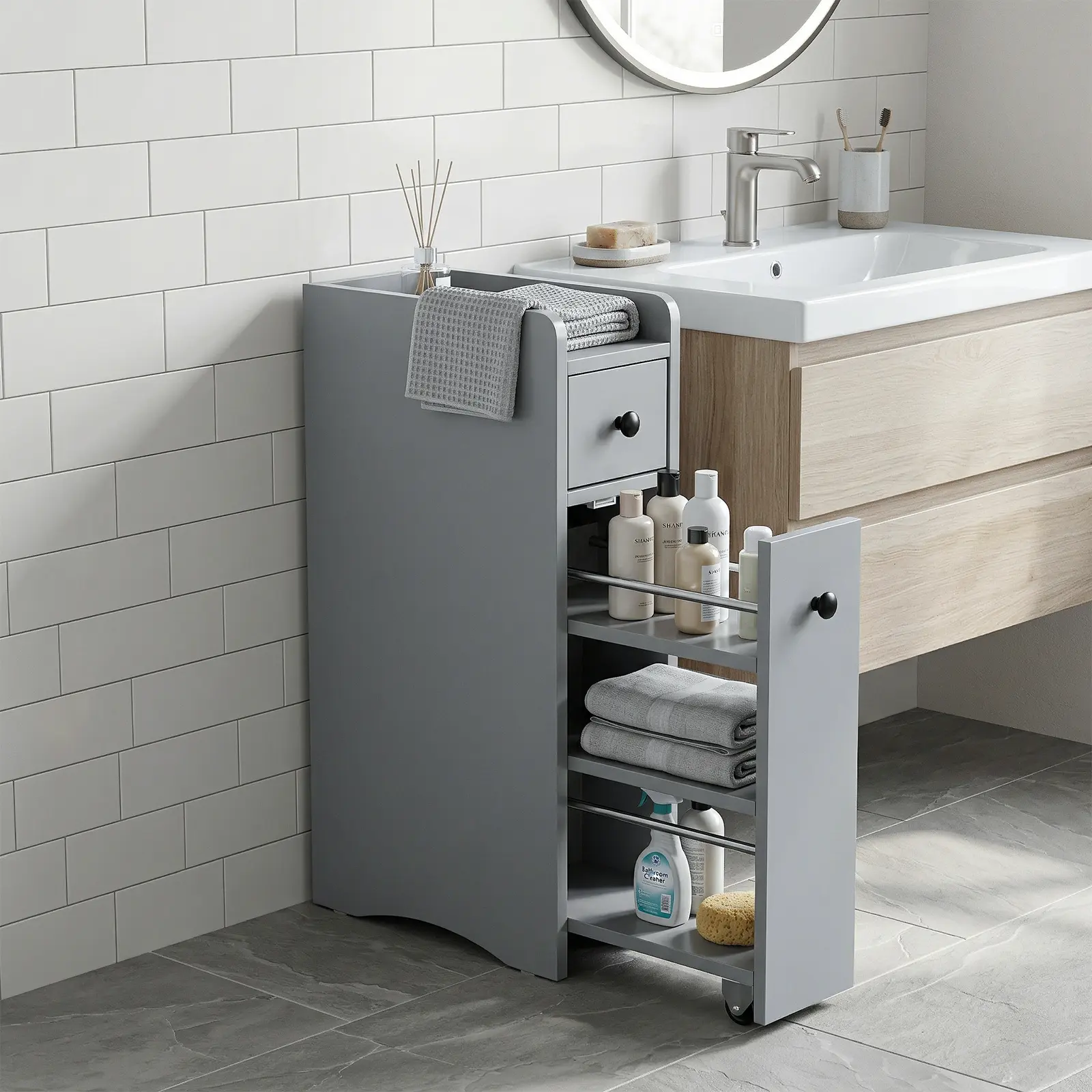 Slim Freestanding Rolling Bathroom Vanity Storage Cabinet, Grey Melamine Cover Particleboard Narrow Cabinet With Single Drawer, Cabinet Door & Multi Pull-Out Shelves, Mobile Wheeled Bathroom Organizer For Small Restroom Spaces