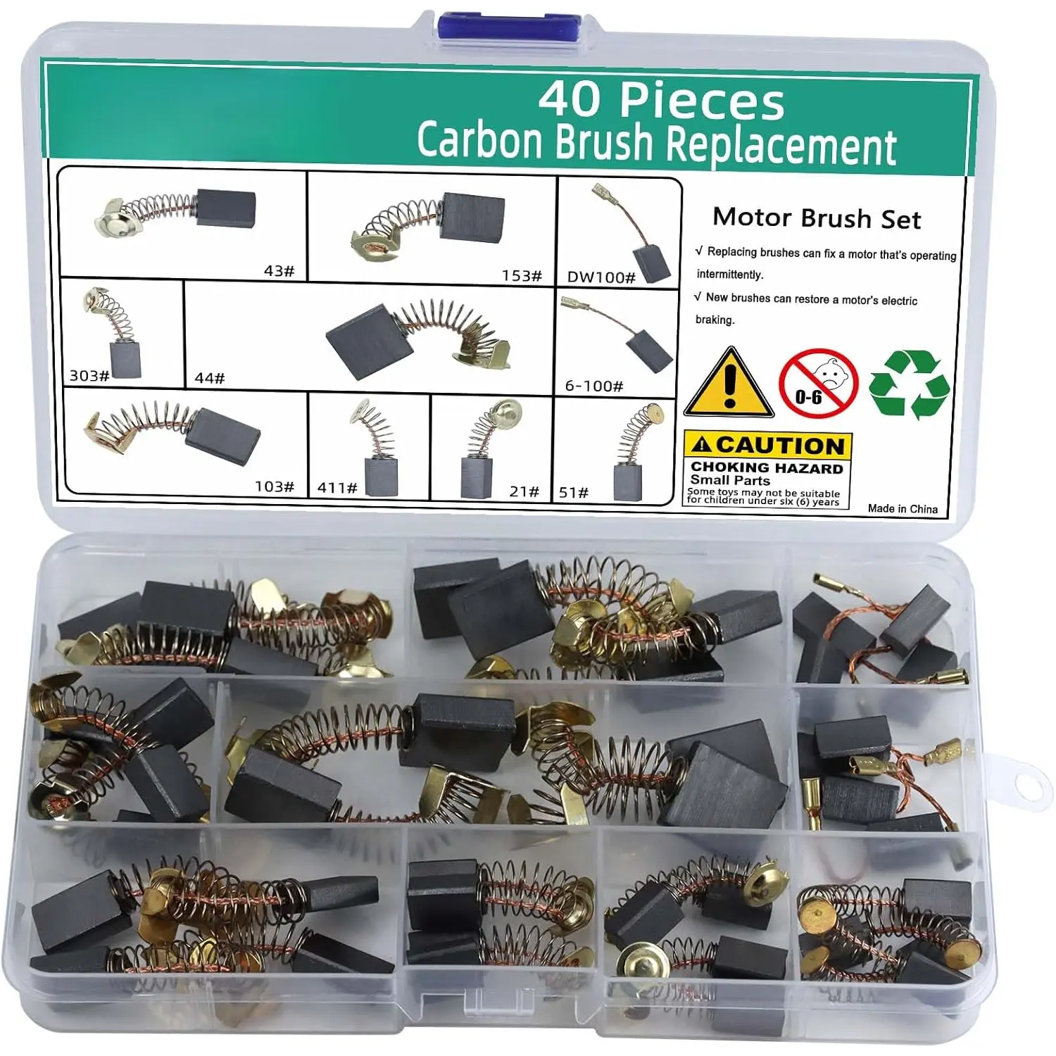 40-Count Multi-Size Synthetic Electric Carbon Motor Brushes Set - 40-Pack Replacement Kit for Power Tools, Angle Grinders, Impact Wrenches, Table Saws Repair Parts