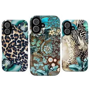 Vintage Teal Leopard Print Aesthetic Phone Case Leopard Zebra Butterfly Vintage Collage Art Phone Case, Boho Patchwork Tough Case Collection, Suitable for iPhone 17-11 Pro Max/Plus and  Samsung Galaxy S23-25