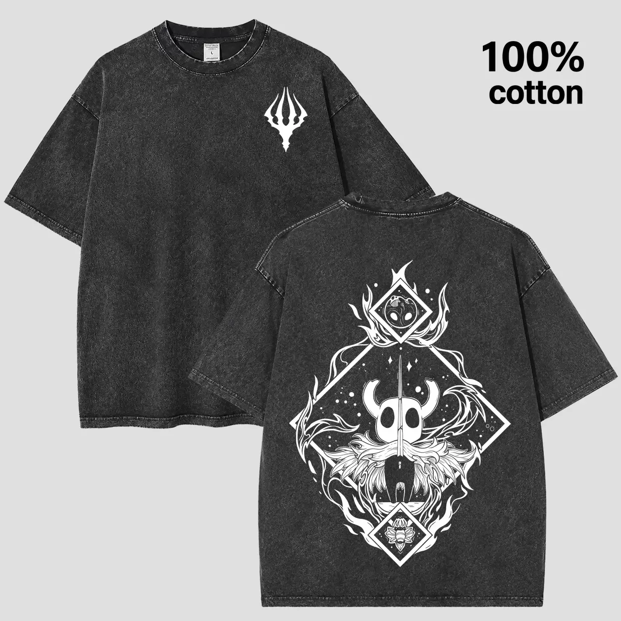 Hollow Knight Inspired Vintage Acid Wash T-Shirt, 100% Cotton Oversized Dark Fantasy Graphic Tee