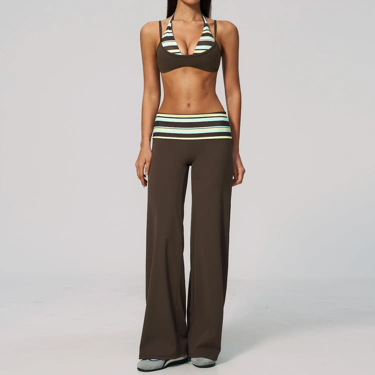 Women's Matching Sets 2 Piece Halter Cami Bra and High Waisted Fold Over Flare Pants Outfits Polka Dot or Striped Print Backless Square Neckline Casual Athletic Yoga Gym Workout Activewear Set Workout Sportswear Fitness Sportswear Set