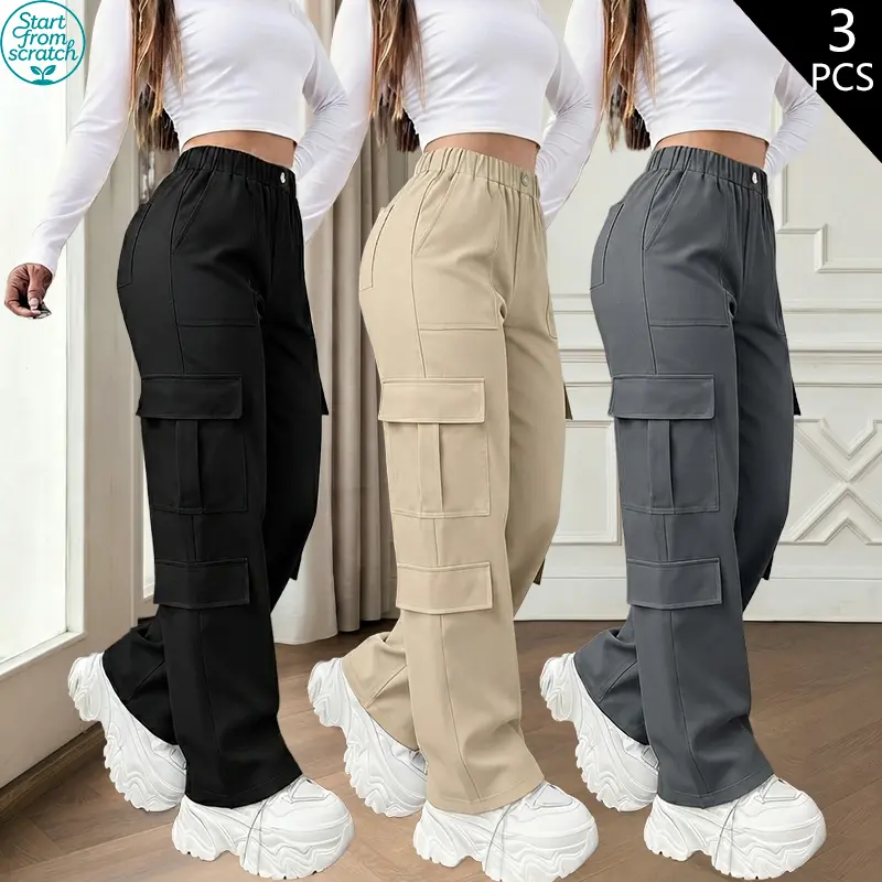 Pack of 3, Y2K Style High-Waist Women’s Cargo Pants – Casual Solid Color, Non-Stretch Polyester, Multi-Pocket Design, Perfect for Spring/Summer/Autumn – Fashionable and Versatile