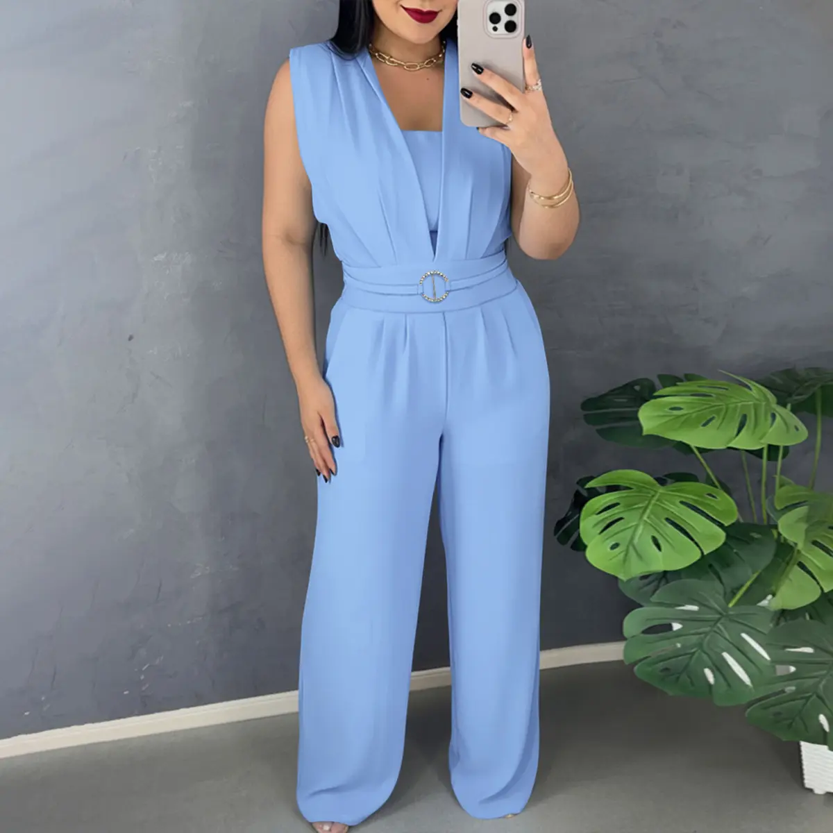 CHICME Women's V Neck Lace-Up Waist Meatl Buckle Jumpsuit Casual Shirred Wide Leg Romper