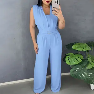 ChicMe Women's V Neck Lace-Up Waist Meatl Buckle Jumpsuit Casual Shirred Wide Leg Romper