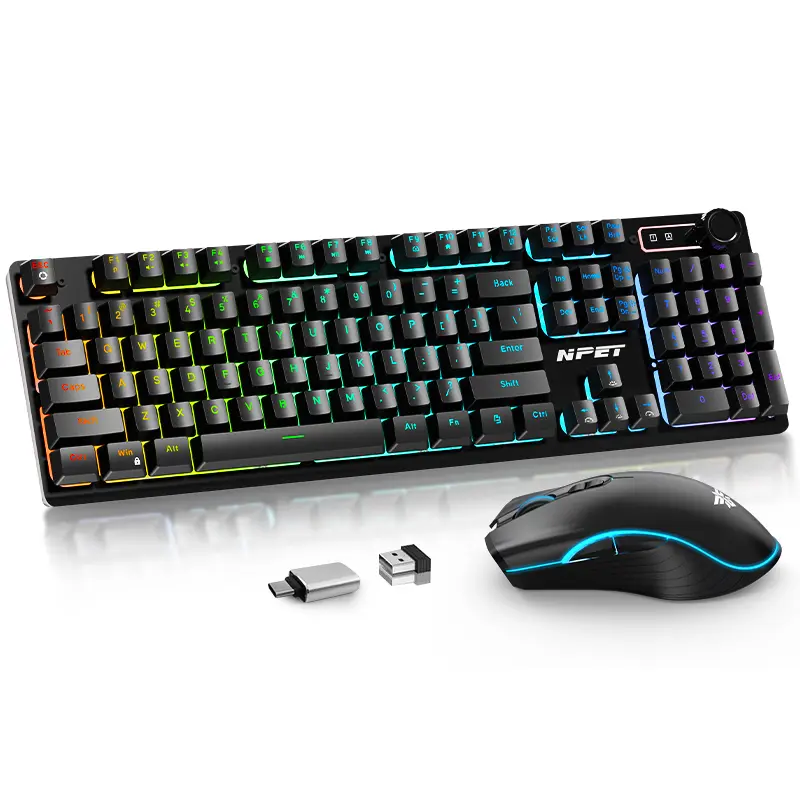 NPET S21PRO Wireless Keyboard and Mouse, 2.4G Connection LED Backlit Rechargeable Keyboard Built-in 3000mAh Cell, Mechanical Texture Multi-Key Keypad & Adjustable 3200 Tracking Sensitivity Mouse for Desktop Laptop Notebook, USB Receiver Stored Under Mouse