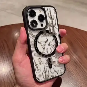 Black and white line draft cactus cow head bone, anti fall and anti slip support MagSafe charging phone protective case, suitable for iPhone 17 16 15 14 13 12 11 XS X and other series models, can be given as a gift to friends or family