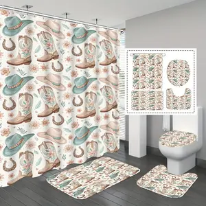 Boho Western Cowboy Shower Curtain Set, Watercolor Cowgirl Boots Hat Floral Design, Waterproof Fabric, Wall Mounted, Modern Style, Bathroom Decoration Accessories