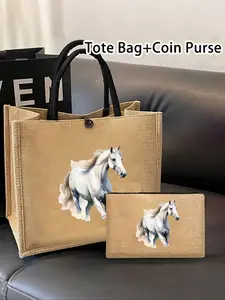 Horse Print Tote Bag with Black Handles, Includes Coin Purse - Spacious Horse-Themed Shoulder Bag with Buckle Closure, Horse Motif, Hand Washable for Daily Use, Travel, College,Ideal Gift for Friends and Family