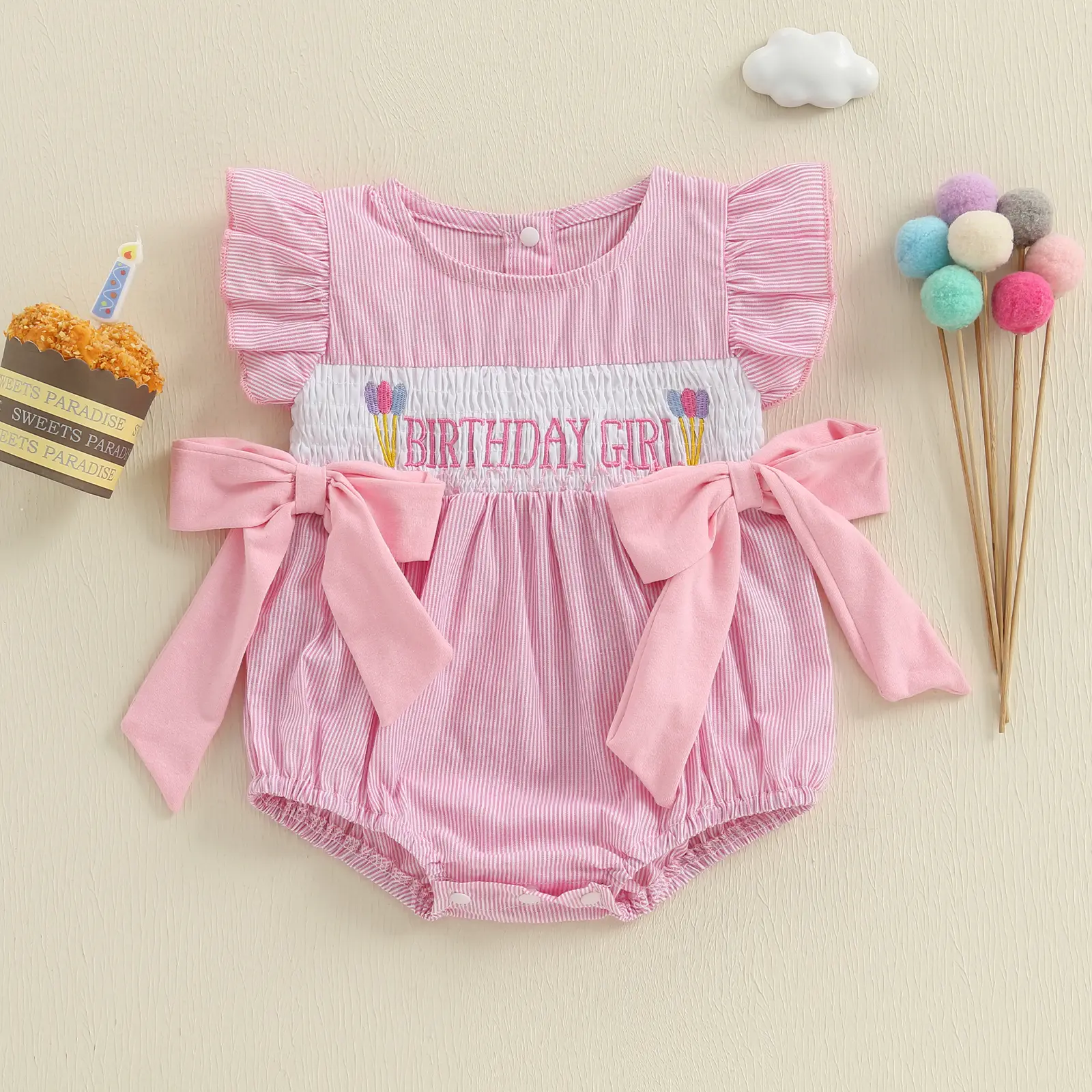 1st Birthday Baby Girl Outfit Letter Print Flying Sleeve Bubble Romper Cute Bodysuit First Birthday Girl Outfit