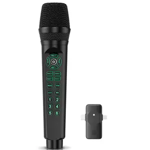 Built-in sound card live streaming microphone - wireless microphone, compatible with mobile phones/computers, voice changer, noise reduction function, ideal for karaoke, singing, and live streaming (compatible with Type-C/Lightning interface).