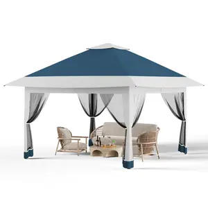 Pop Up Gazebo 12x12, Canopy Tent with Mosquito Netting, One Push Setup for Backyard Patio Garden with 4 Sand Bags- Navy Blue