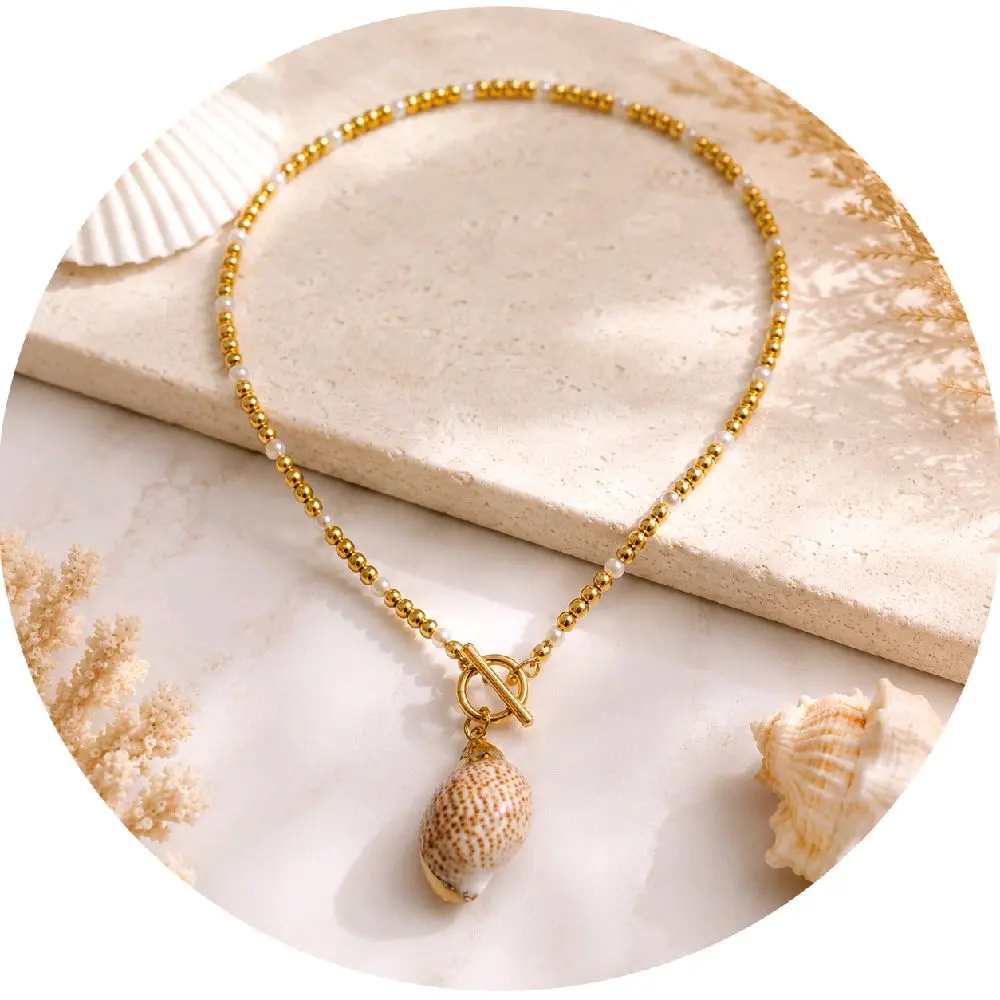 Handmade Gold Beaded Beach Necklace with Natural Seashell | Ocean-Inspired Summer Jewelry