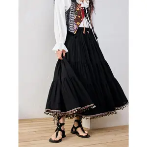 URBAN REVIVO 2026 Spring New Arrival Women's Stretchy Fitted Boho A-Line Midi Skirt - Colorful Patchwork Trim, Thin Cotton-Polyester Shell Fabric Bottoms, Boho Patterned Skirts, UYL550110, Midi Skirts