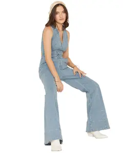 Flying Tomato Women's Light Wash Open Back Denim Jumpsuit - Ip8818-Bb