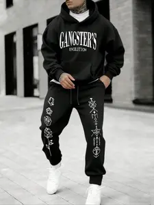 Men's Plus Size Gang Evolution Series Hoodie and Sweatpants Set, Graphic Tracksuit, Loose Street Style Sportswear, Comfortable Casual