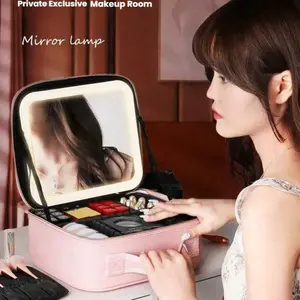 Cosmetic storage box with mirror, ideal desktop storage solution. Large capacity, portable and perfect for travel. LED light and Lego-style modular design for flexible cosmetics organization. Compact and portable, specially designed for women.