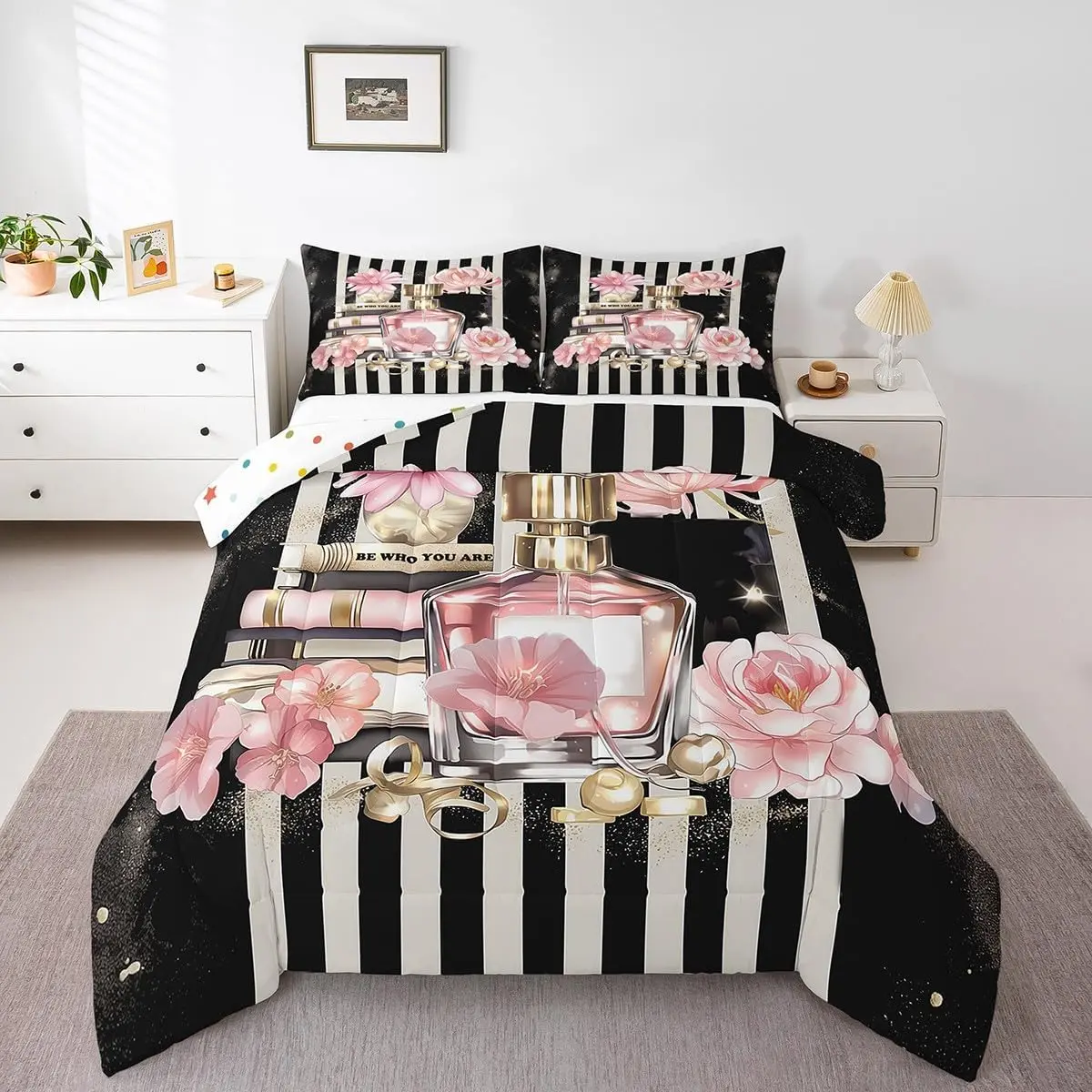 Feelyou Multi-Size Microfiber Bedding Set - Soft, Breathable Girly Look Comforter Set with Pink Modern Black-White Stripes, Women's Pink Floral & Perfume Prints, Duvet Insert, Decorative Bedsheet Sets, Soft Bedding Sets