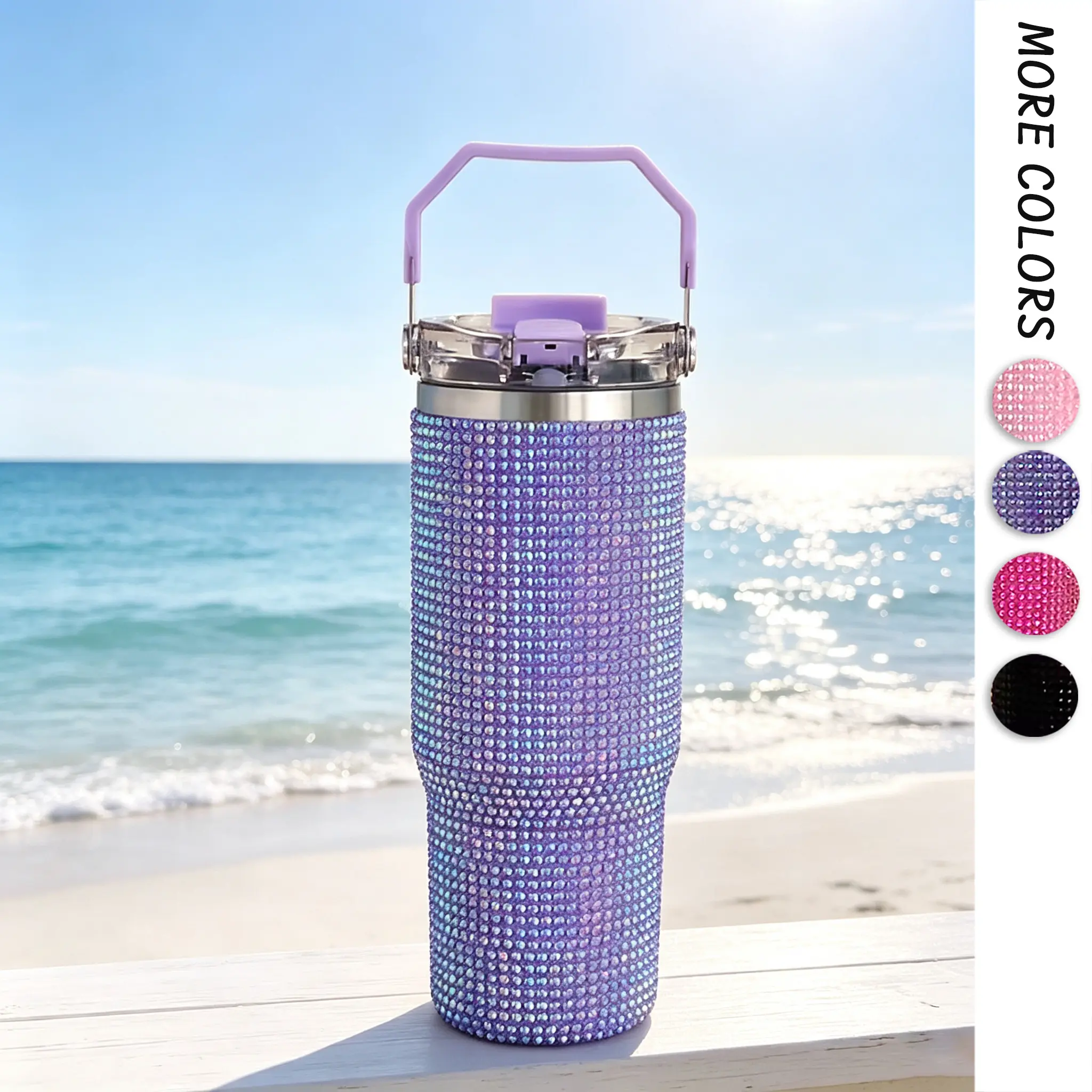 30oz Bling Rhinestone Studded Tumbler with Top Handle, Bling Cups Stainless Steel Water Bottle Diamond Glitter Tumbler for Women - Birthday Gifts for Women, Mom,