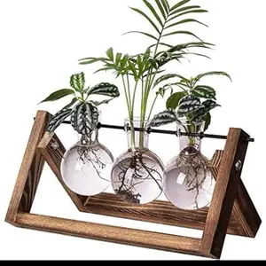 Wooden Plant Stand with 3 Glass Vases for Succulents and Herbs - Modern Home Decor for Living Room and Office