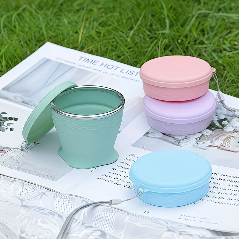 Collapsible Travel Cup with Lid, Food-Grade Silicone Folding Cup with Stainless Steel Rim - 200ml Portable Pocket Cup for Mouthwash, Pills, Hiking, Camping & Kids (Glacier Blue)